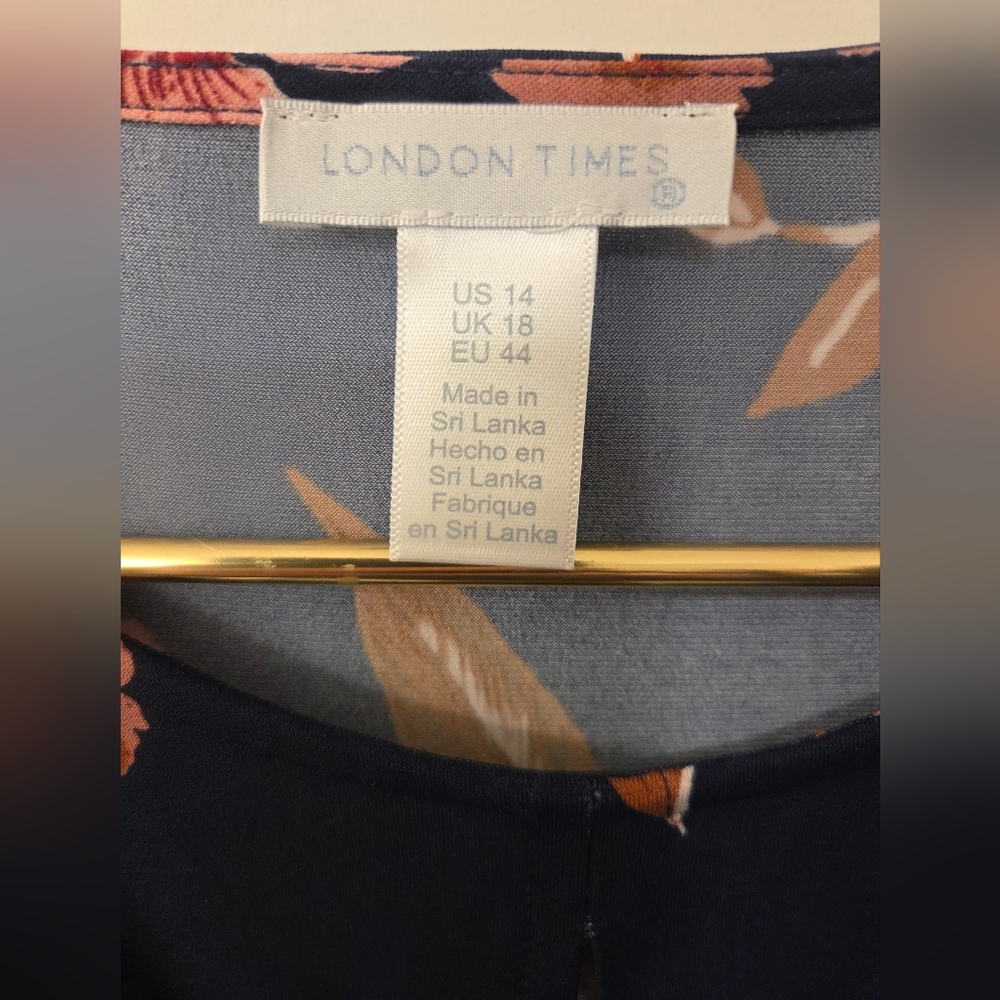NWT-London Times Navy/Red Floral Elbow Sleeve Side Tie Fit & Flare Midi Dress-14 - Picture 8 of 16